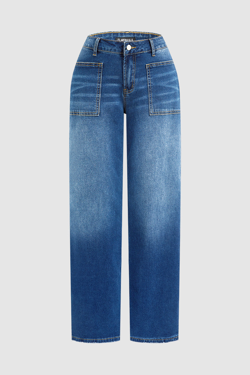 Wash Patch Pocket Raw Hem Mid Rise Straight Leg Jeans Without Belt