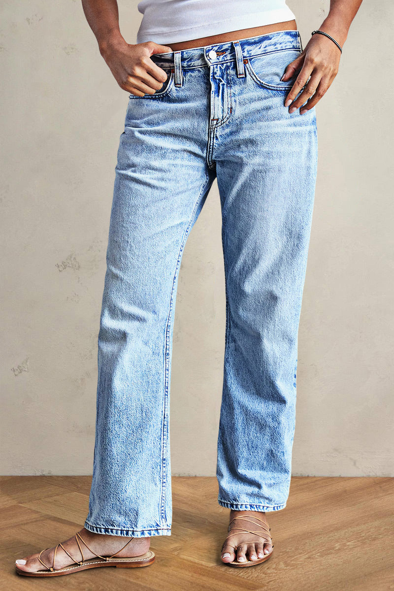 Wash Stretchy Mid Waist Straight Leg Jeans