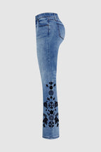 Floral Embroidery Wash Mid Waist Bootcut Jeans