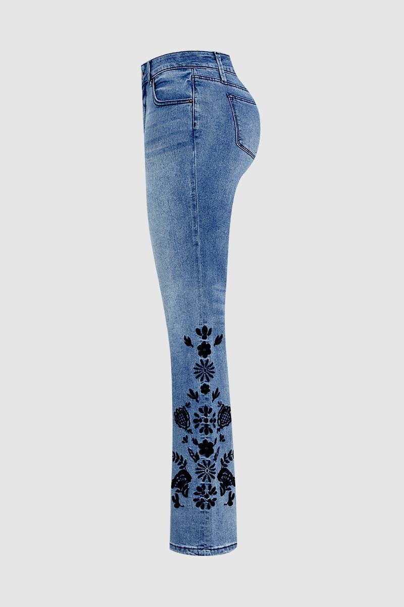 Floral Embroidery Wash Mid Waist Bootcut Jeans