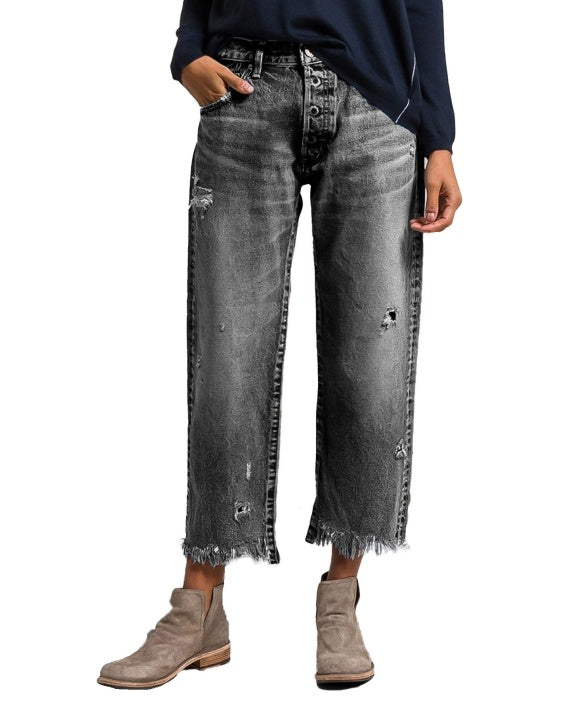 Wash Raw Hem Ripped Mid Rise Crop Barrel Leg Jeans