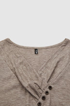 Asymmetrical Button Decor V Neck Long Sleeve T-Shirt