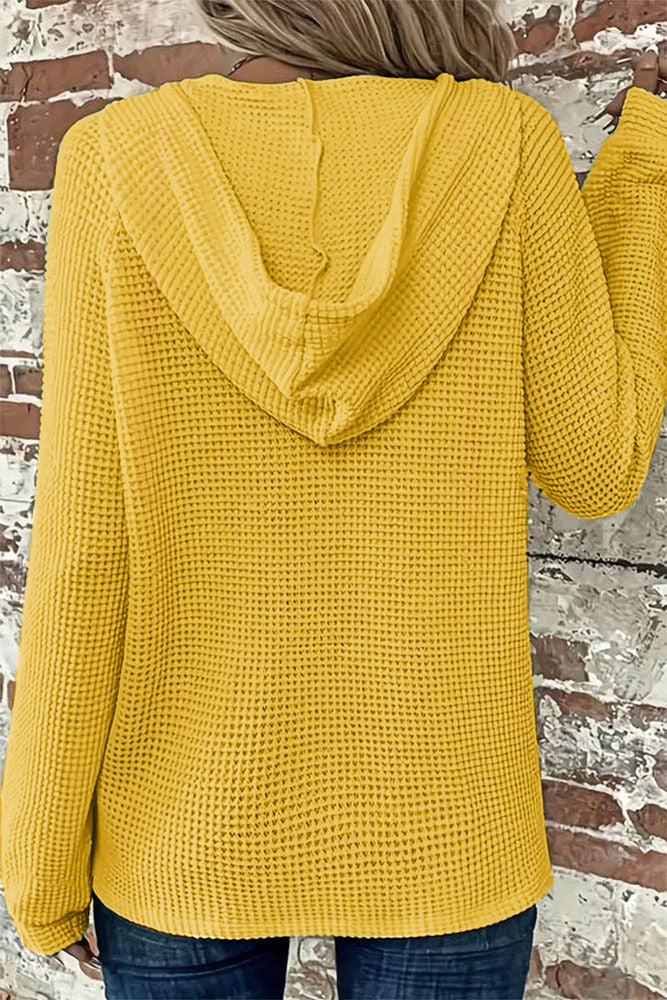 Waffle Knit Half Button Placket Drawstring Hooded Long Sleeve T-Shirt