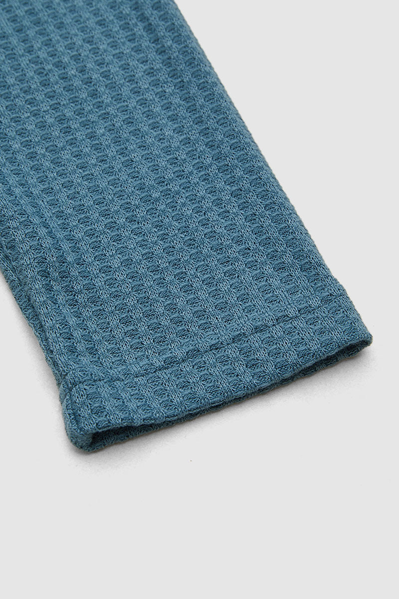 Waffle Knit Pocket Front Notched Neck Long Sleeve T-Shirt