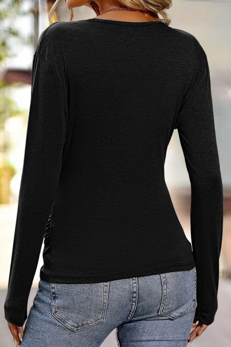 Solid Wrap Ruched V Neck Long Sleeve T-Shirt