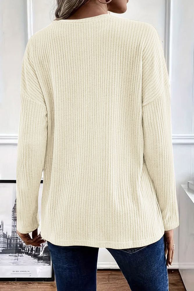 Solid Rib-Knit Half Button Long Sleeve T-Shirt