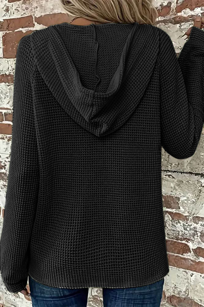 Waffle Knit Half Button Placket Drawstring Hooded Long Sleeve T-Shirt