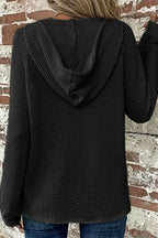 Waffle Knit Half Button Placket Drawstring Hooded Long Sleeve T-Shirt