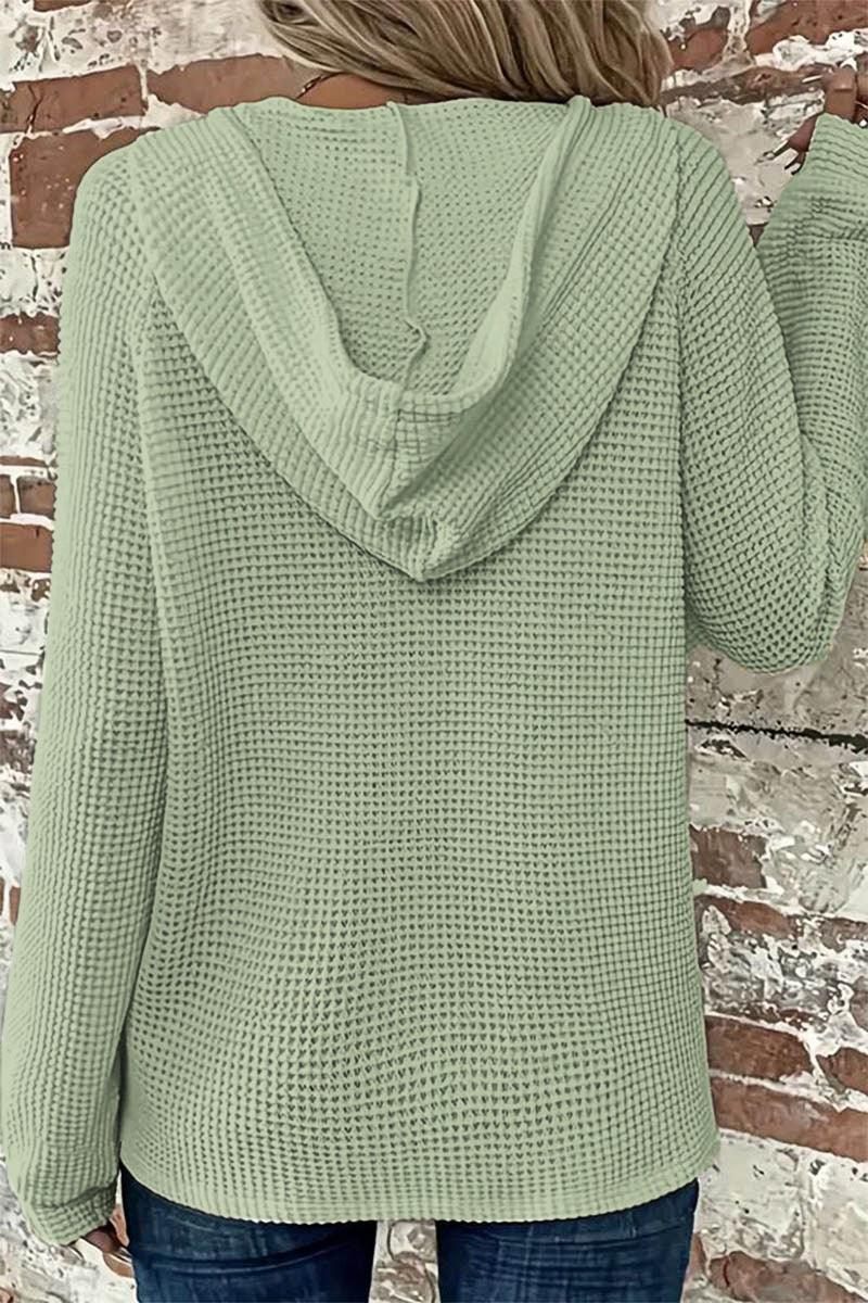 Waffle Knit Half Button Placket Drawstring Hooded Long Sleeve T-Shirt