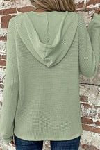 Waffle Knit Half Button Placket Drawstring Hooded Long Sleeve T-Shirt
