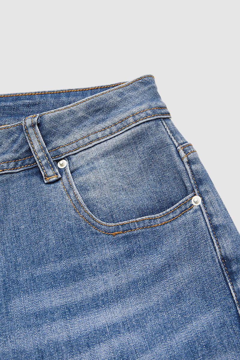 Raw Hem Embroidery Mid Waist Straight Leg Crop Jeans