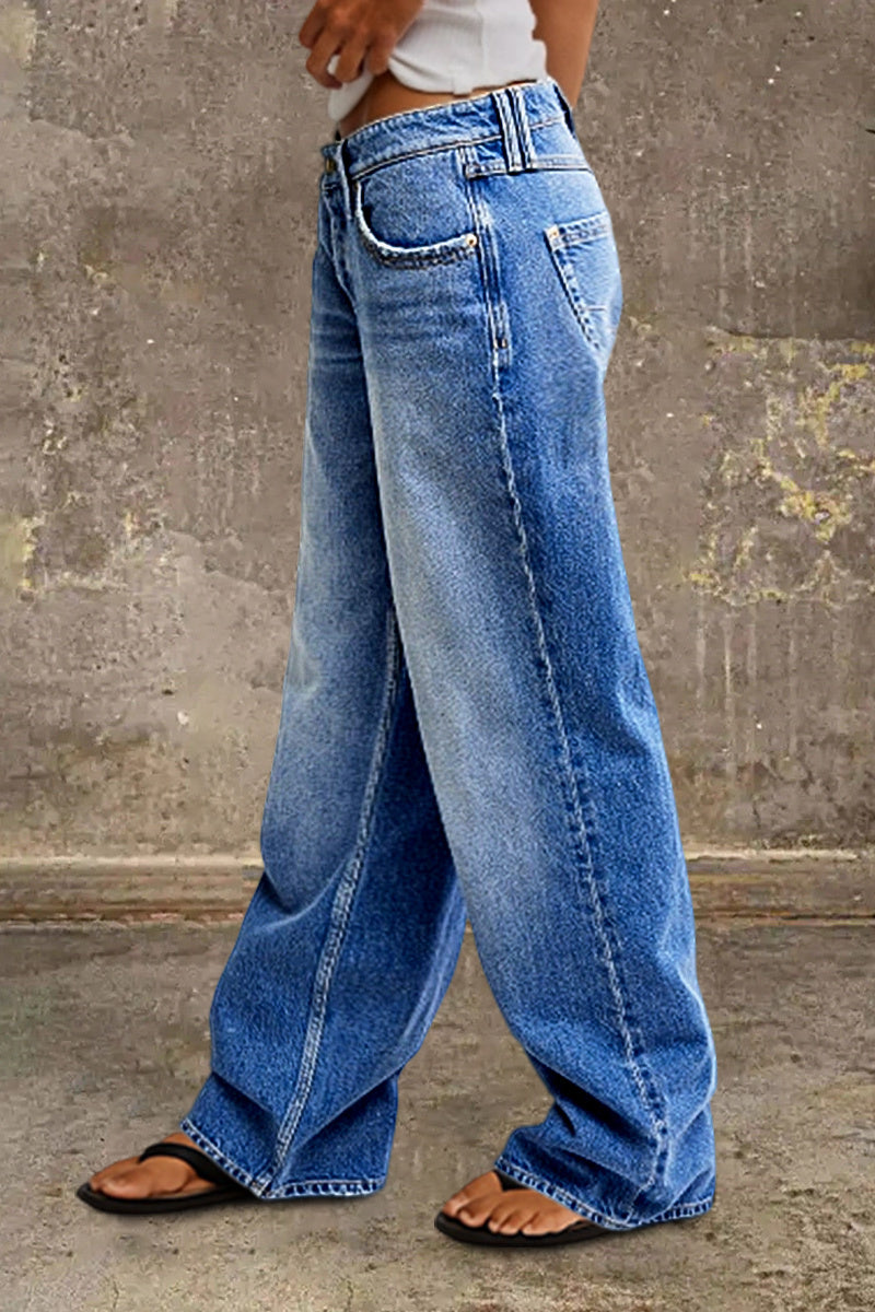 Wash Mid Waist Straight Leg Jeans