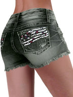 American Flag Patched Button Fly Cut Out Denim Shorts
