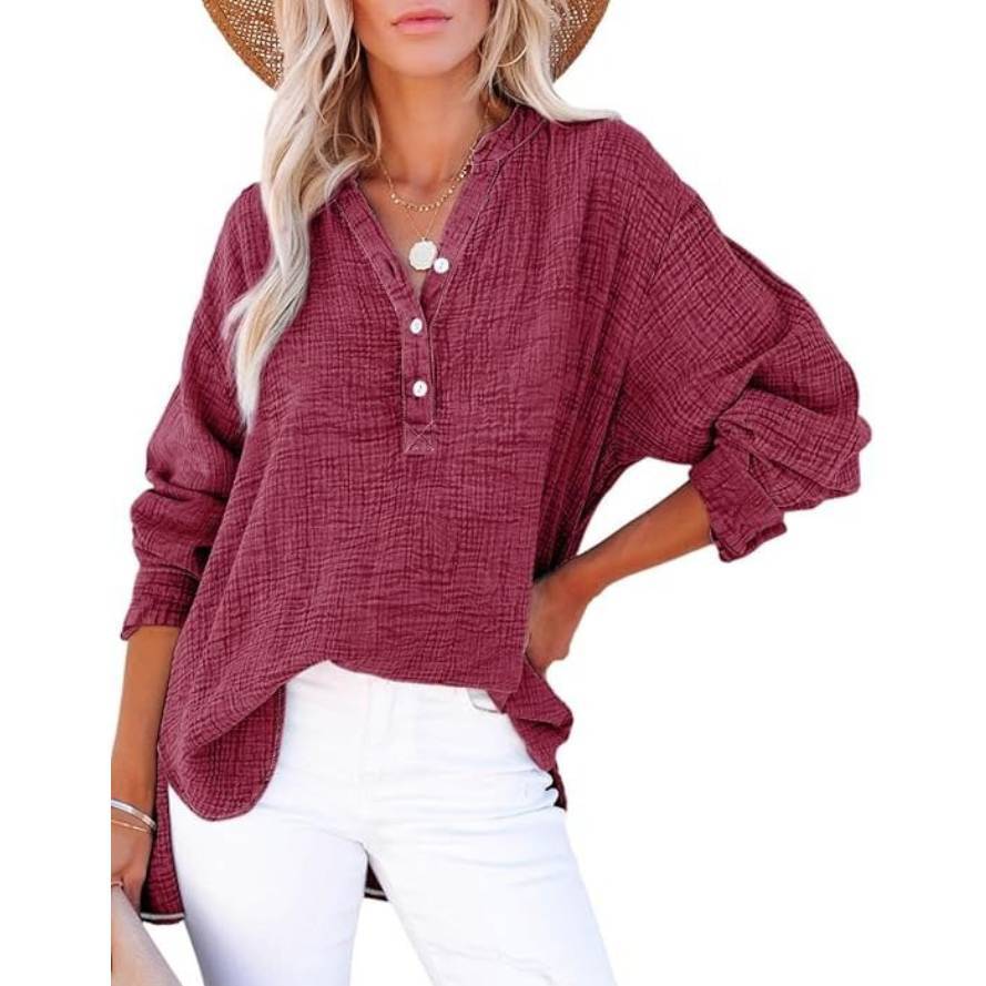 Womens Casual Button V Neck Long Sleeve Shirts Oversized Solid Blouses Tops