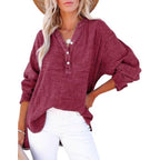 Womens Casual Button V Neck Long Sleeve Shirts Oversized Solid Blouses Tops