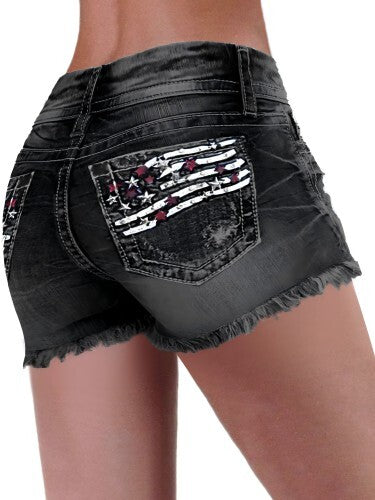 American Flag Patched Button Fly Cut Out Denim Shorts