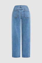 Wash Floral Embroidery Mid Rise Straight Leg Jeans