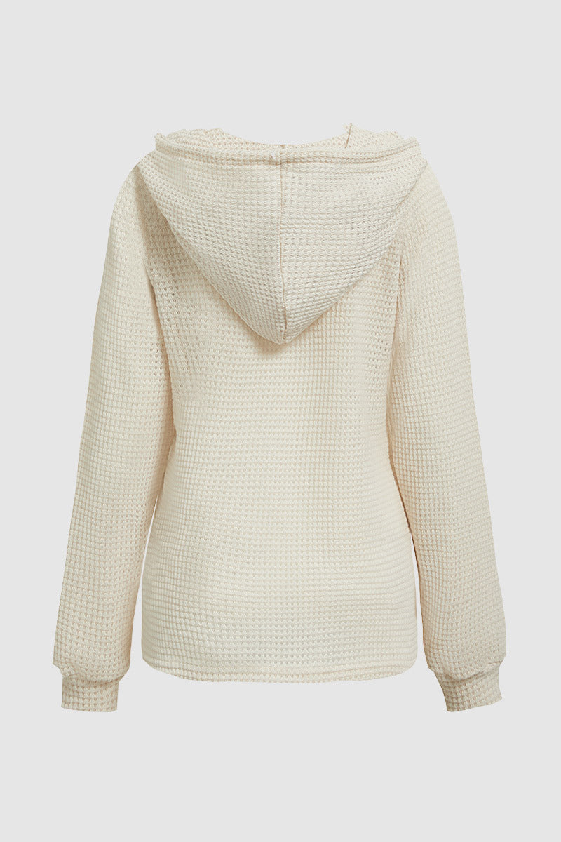 Waffle Knit Half Button Placket Drawstring Hooded Long Sleeve T-Shirt