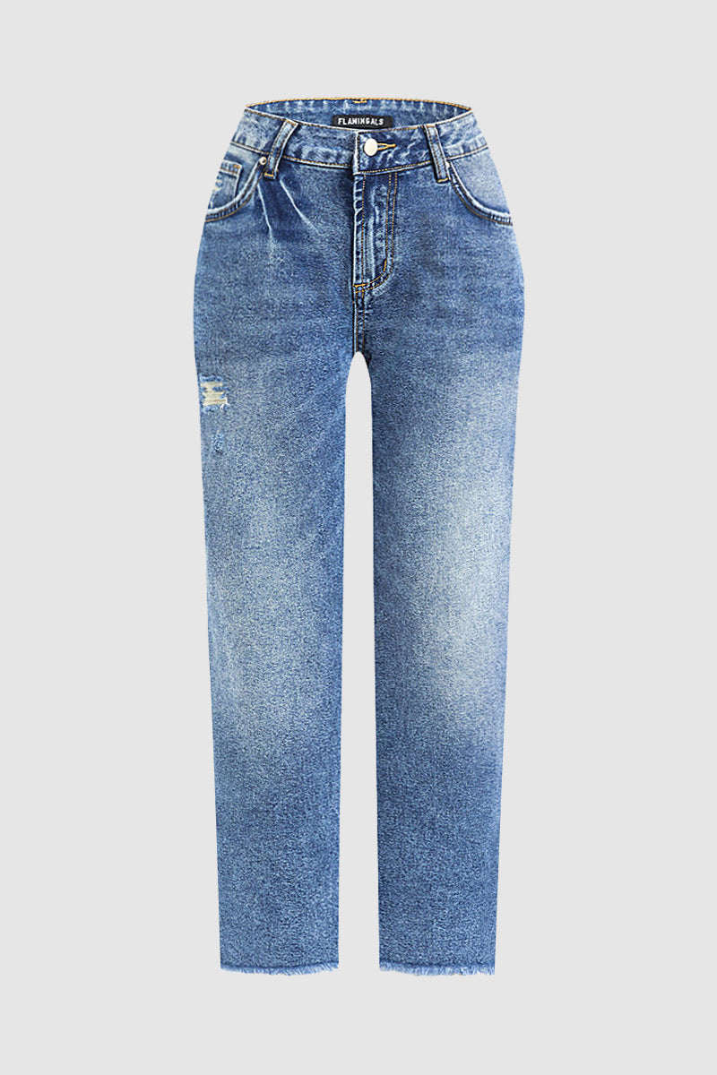 Raw Hem Ripped Mid Rise Straight Leg Crop Jeans