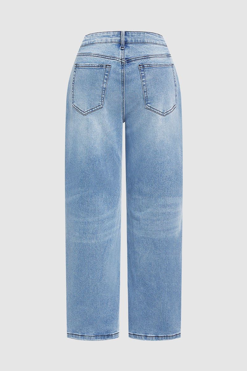 Wash Stretchy Mid Waist Straight Leg Jeans