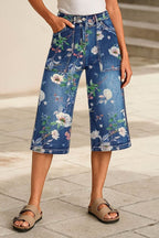 Allover Floral Print Patch Pocket High Rise Straight Leg Capri Jeans