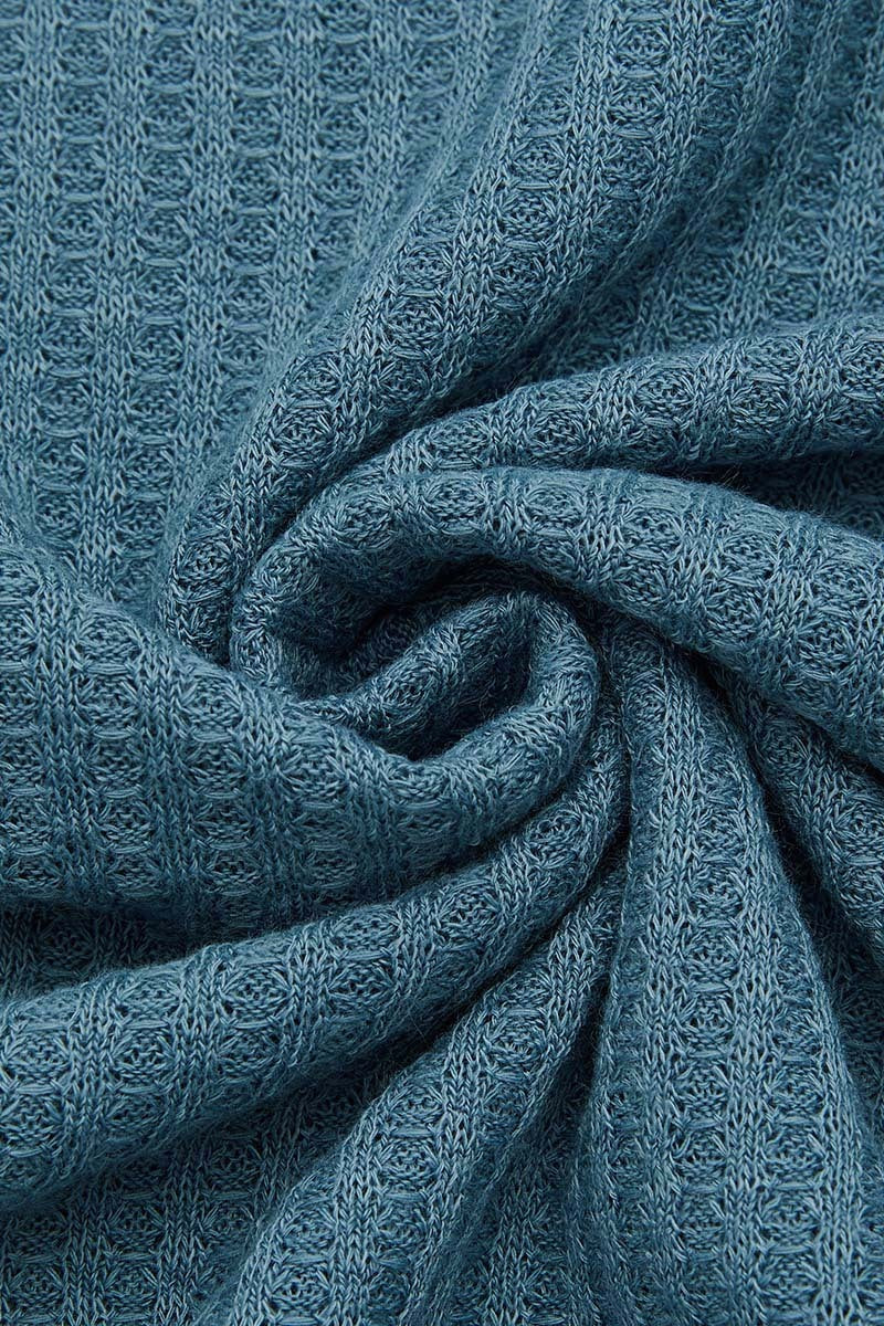 Waffle Knit Pocket Front Notched Neck Long Sleeve T-Shirt