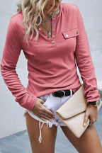 Solid Button Front Round Neck Long Sleeve T-Shirt