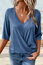 Solid Asymmetrical Wrap V Neck Half Sleeve T-Shirt
