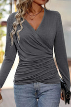 Solid Wrap Ruched V Neck Long Sleeve T-Shirt