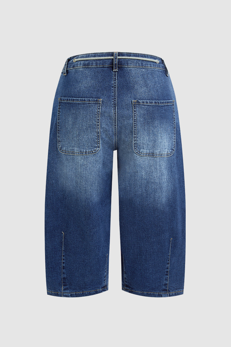 Wash Stitch Detail Drawstring Mid Rise Bermuda Shorts