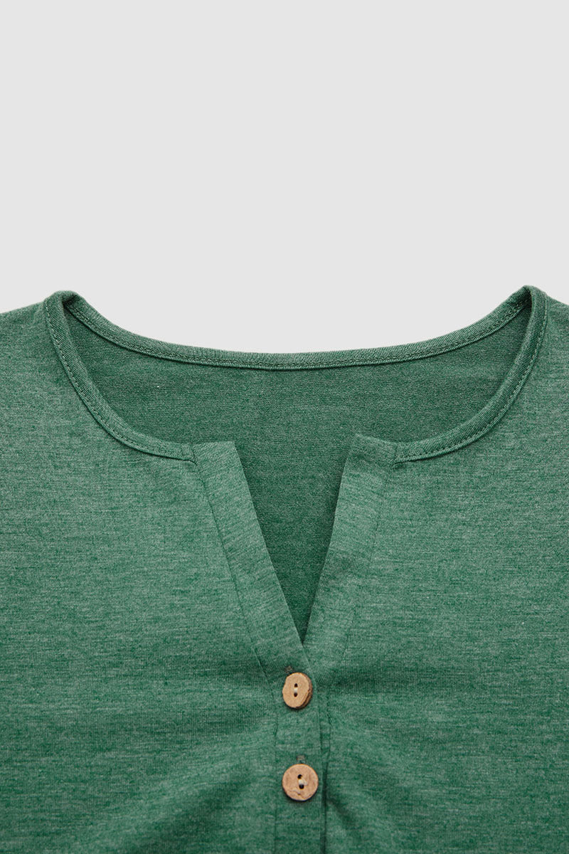 Button Front Scallop Hem Notched Neck Long Sleeve T-Shirt
