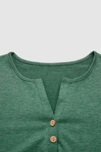 Button Front Scallop Hem Notched Neck Long Sleeve T-Shirt