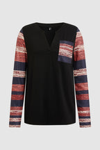 Striped Patch Pocket Notched Neck Long Sleeve T-Shirt