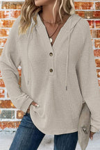 Waffle Knit Half Button Placket Drawstring Hooded Long Sleeve T-Shirt