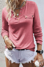 Solid Button Front Round Neck Long Sleeve T-Shirt