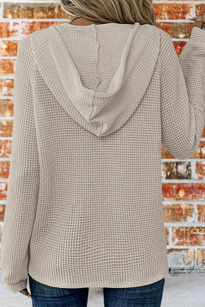 Waffle Knit Half Button Placket Drawstring Hooded Long Sleeve T-Shirt