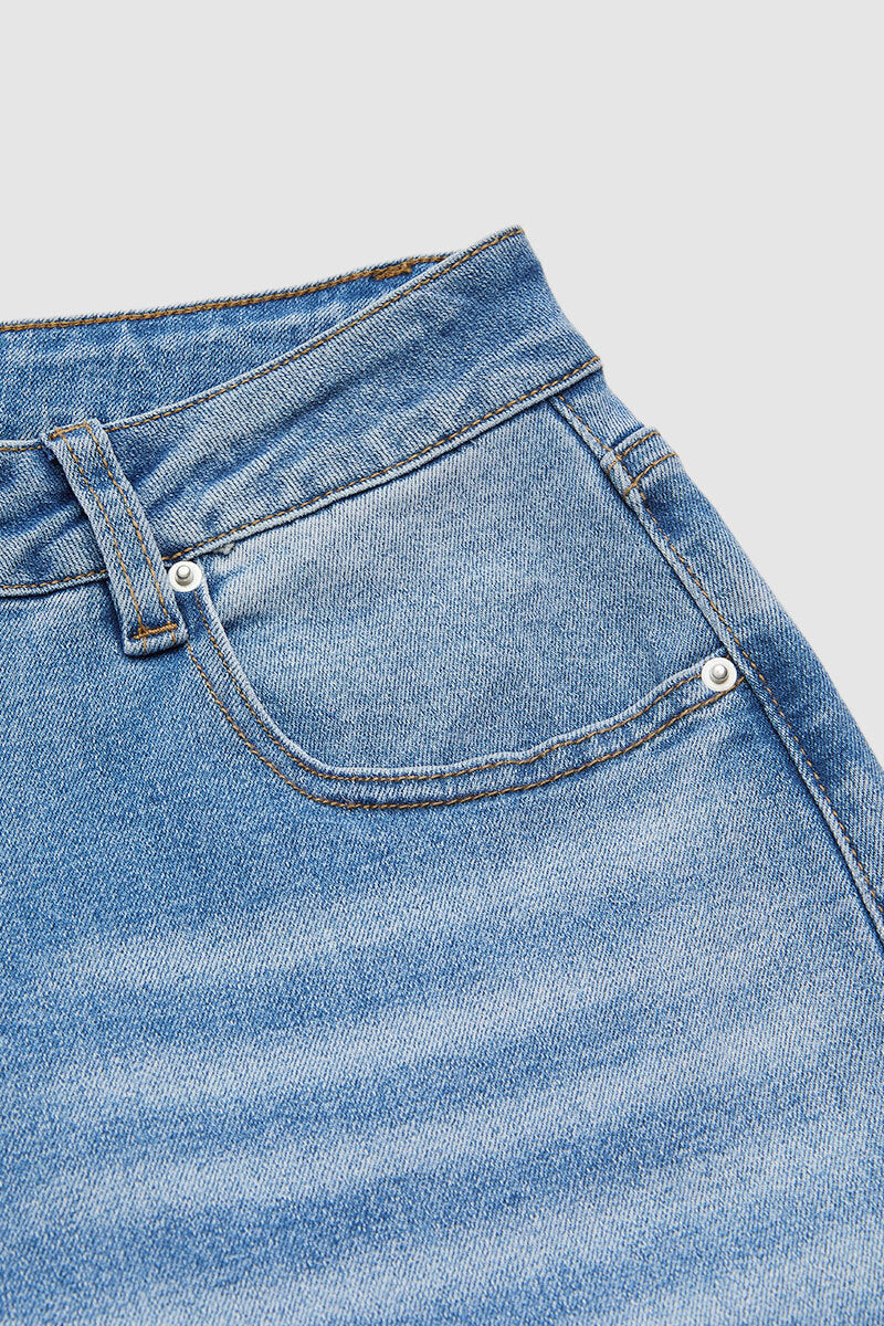 Wash Floral Embroidery Mid Rise Straight Leg Jeans