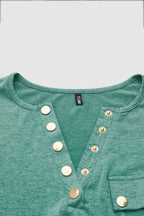 Solid Button Front Round Neck Long Sleeve T-Shirt