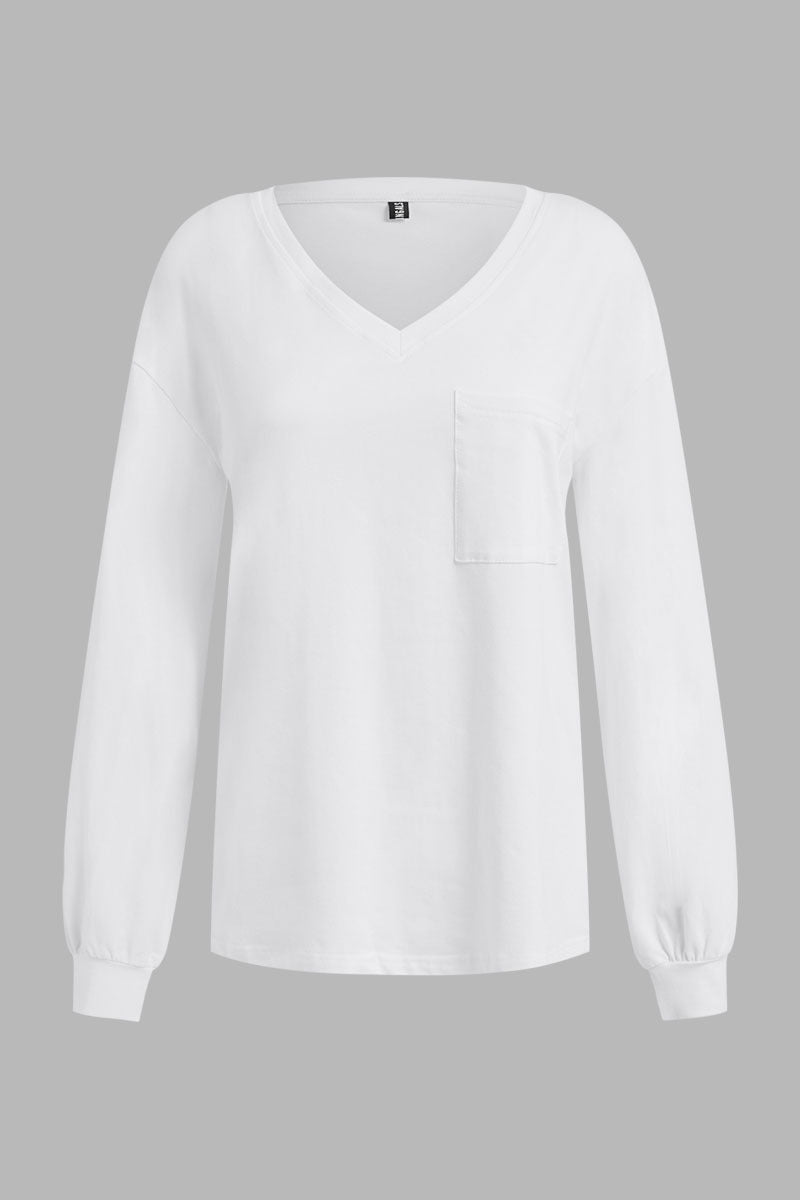 Solid Split Pocket Front V Neck Gathered Sleeve T-Shirt