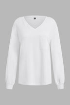 Solid Split Pocket Front V Neck Gathered Sleeve T-Shirt