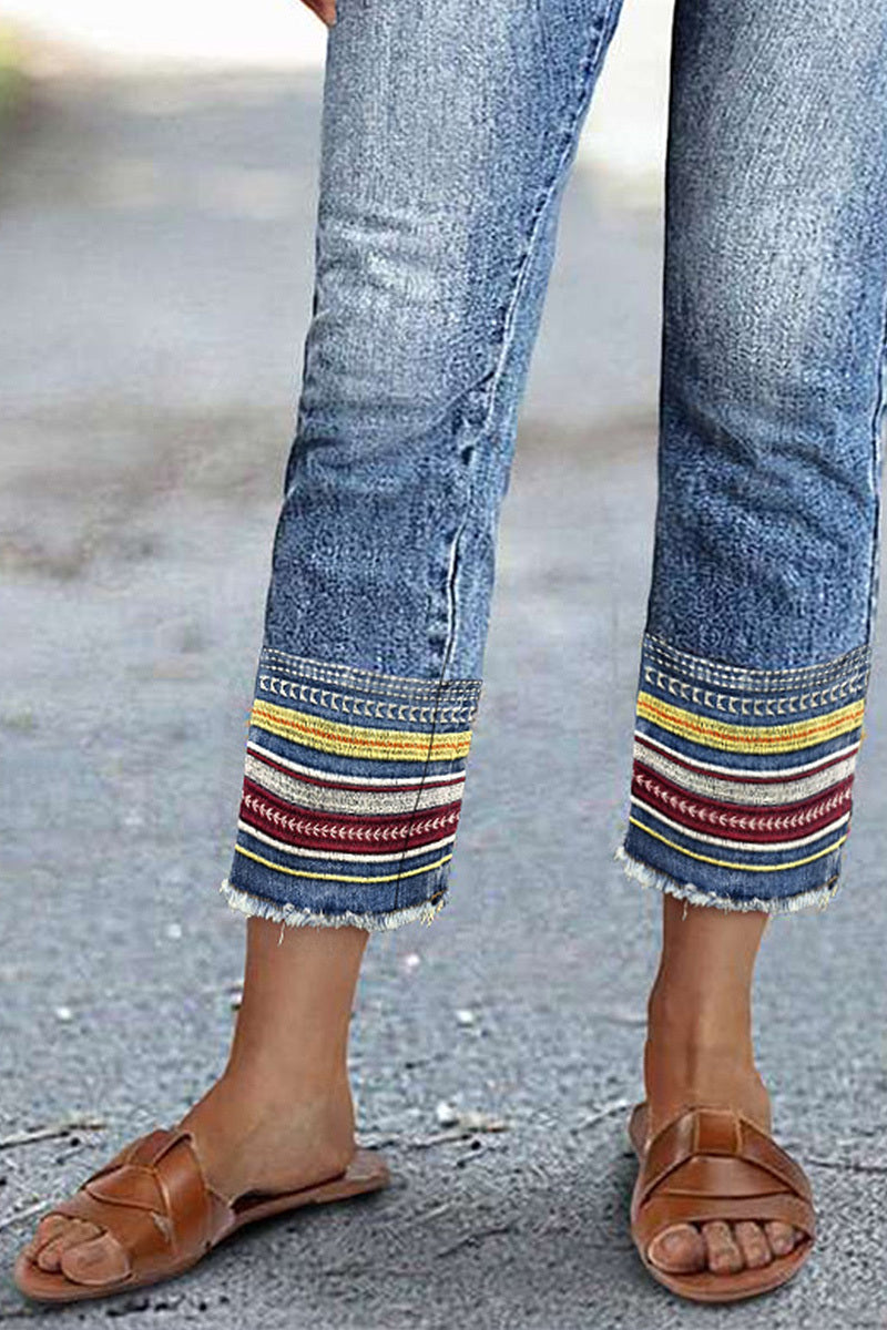 Raw Hem Embroidery Mid Waist Straight Leg Crop Jeans