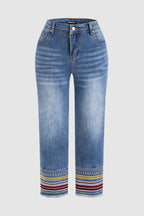 Raw Hem Embroidery Mid Waist Straight Leg Crop Jeans