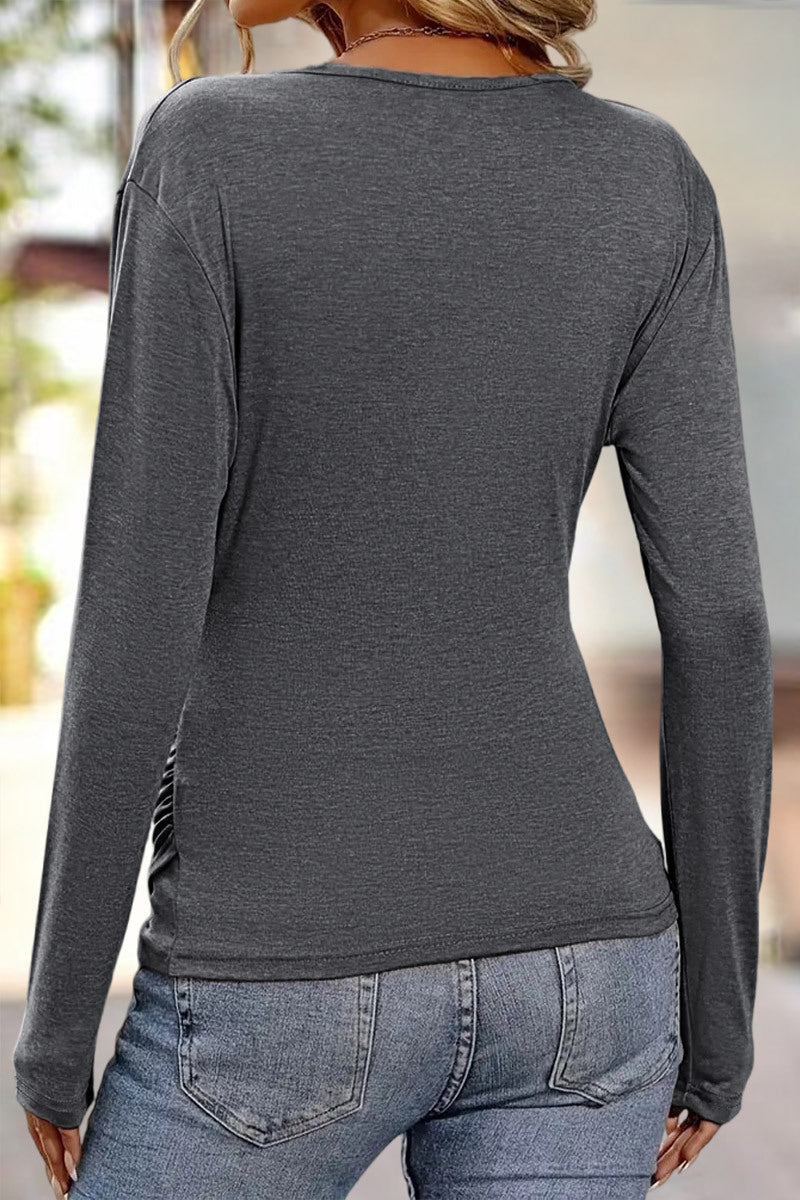 Solid Wrap Ruched V Neck Long Sleeve T-Shirt