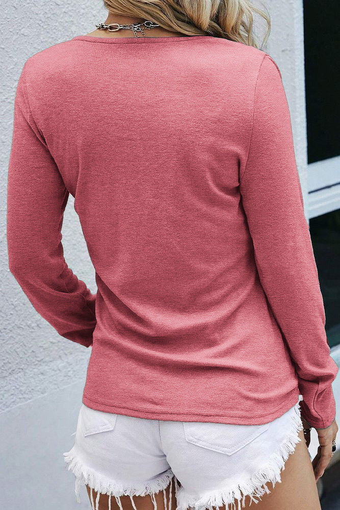 Solid Button Front Round Neck Long Sleeve T-Shirt