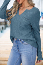 Waffle Knit Pocket Front Notched Neck Long Sleeve T-Shirt