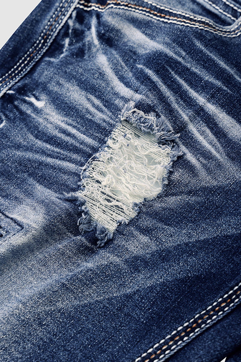 Wash Ripped Contrast Stitch Double Button Low Rise Bootcut Jeans