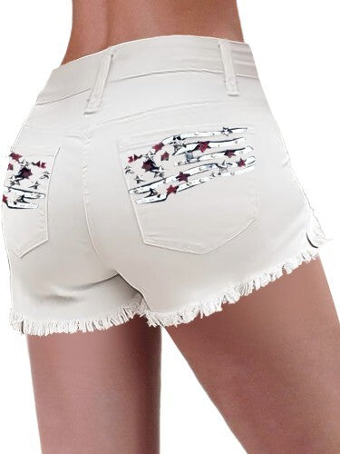 American Flag Patched Button Fly Cut Out Denim Shorts