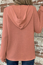 Waffle Knit Half Button Placket Drawstring Hooded Long Sleeve T-Shirt