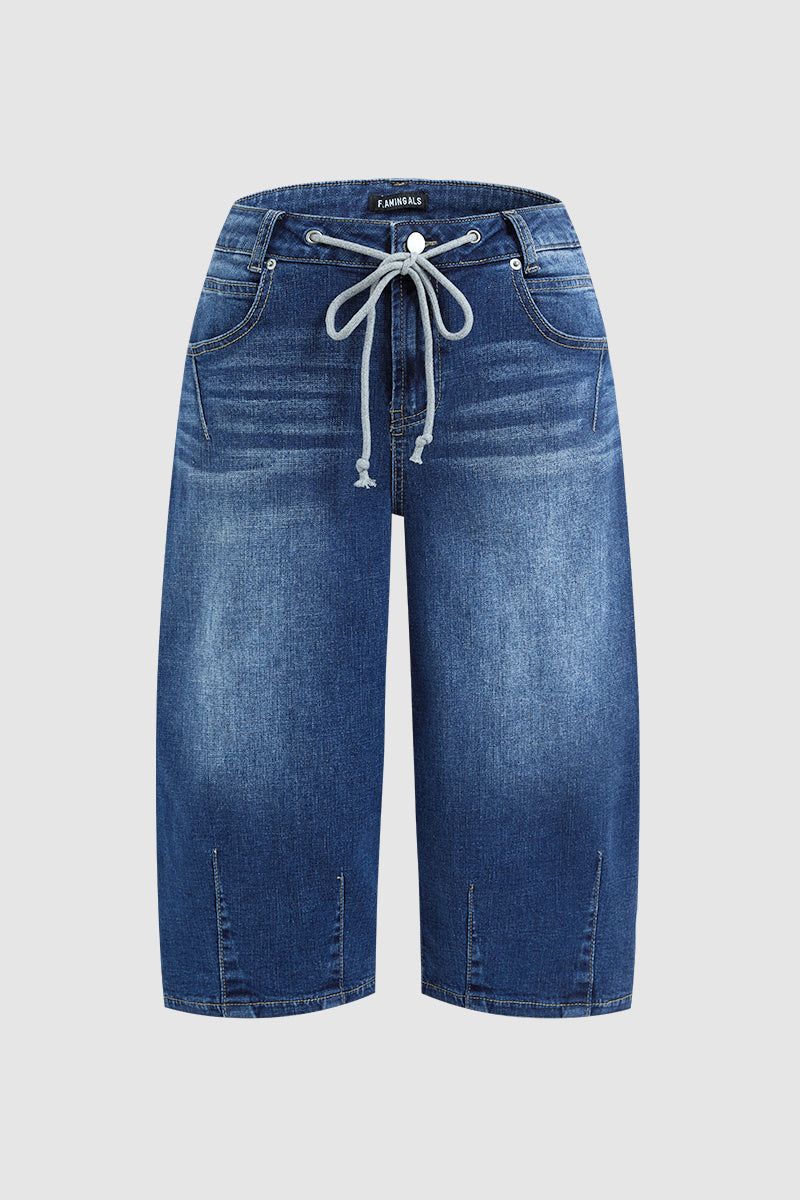 Wash Stitch Detail Drawstring Mid Rise Bermuda Shorts