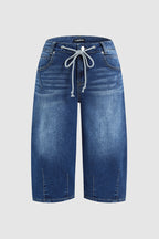 Wash Stitch Detail Drawstring Mid Rise Bermuda Shorts